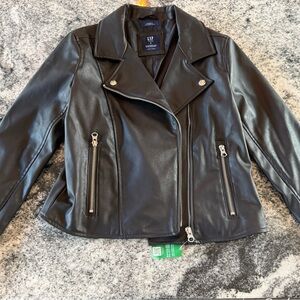 GAP Black Leather Moto Jacket with Asymmetrical Zipper